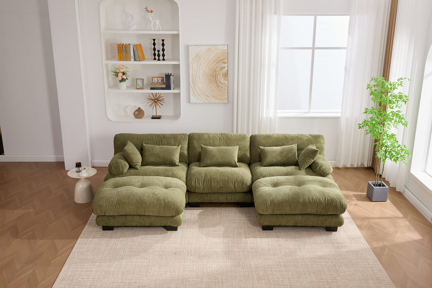 UNITED WE WIN Pelletized velvet U Shape Cloud Couch with 2 Ottomans,Free Combined 3 Seater Comfy Sofa with Bolster Armrest Pillows, sofa for Living Room-海智集-Default-