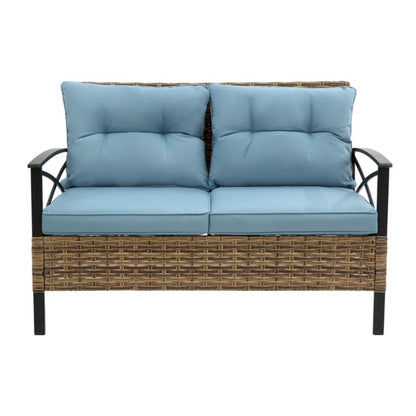 Patio 4 piece sectional low dining conversation sofa set- KD rattan wicker outdoor garden furniture corner sofa set with cushion.-海智集-Default-
