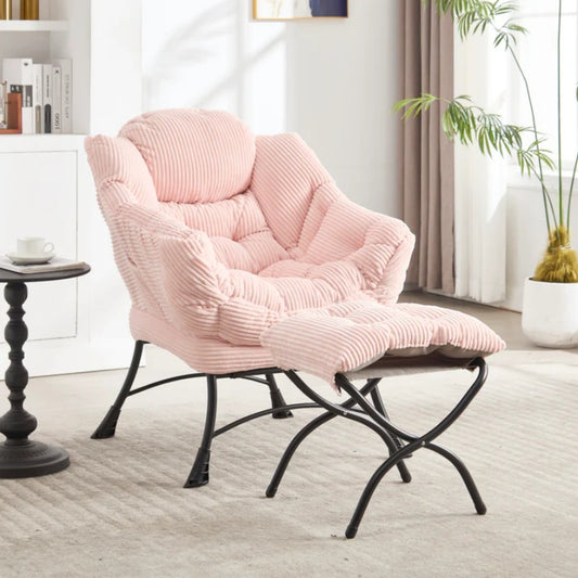 Lazy Chair with Ottoman, Modern Lounge Accent Chair with Armrests and a Side Pocket, Leisure Upholstered Sofa Chair Reading Chair with Footrest for Small Space, Corner Chair-Pink-海智集-Default-
