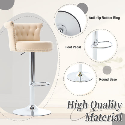 COOLMORE Velvet Bar Stool Set of 2, Adjustable Swivel Bar Stools with Silver Plated Metal Leg, Chrome Nailhead, Counter Height Chair for Kitchen,Dining Room-海智集-Default-