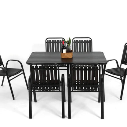7 Pieces Patio Dining Set, Plastic chair and steel table Outdoor Set, plastic Chairs and Table Set for Garden Patio, Black-海智集-Default-