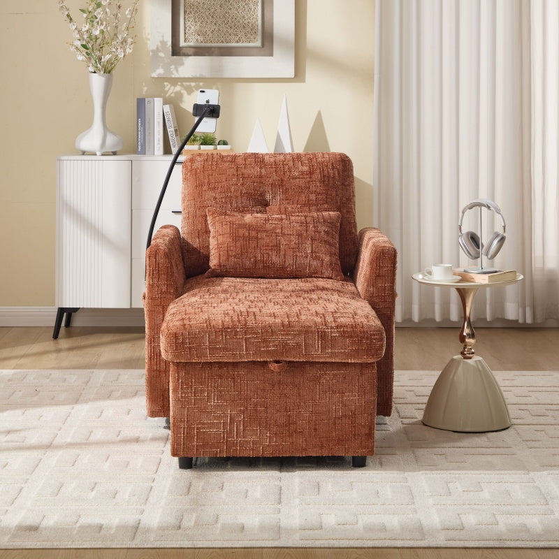 Multifunctional Chenille Recliner Sofa with Storage and Phone Bracket for Living Room or Bedroom in Orange-海智集-Default-