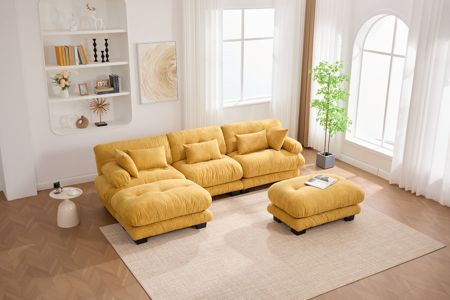 UNITED WE WIN Pelletized velvet U Shape Cloud Couch with 2 Ottomans,Free Combined 3 Seater Comfy Sofa with Bolster Armrest Pillows, sofa for Living Room-海智集-Default-