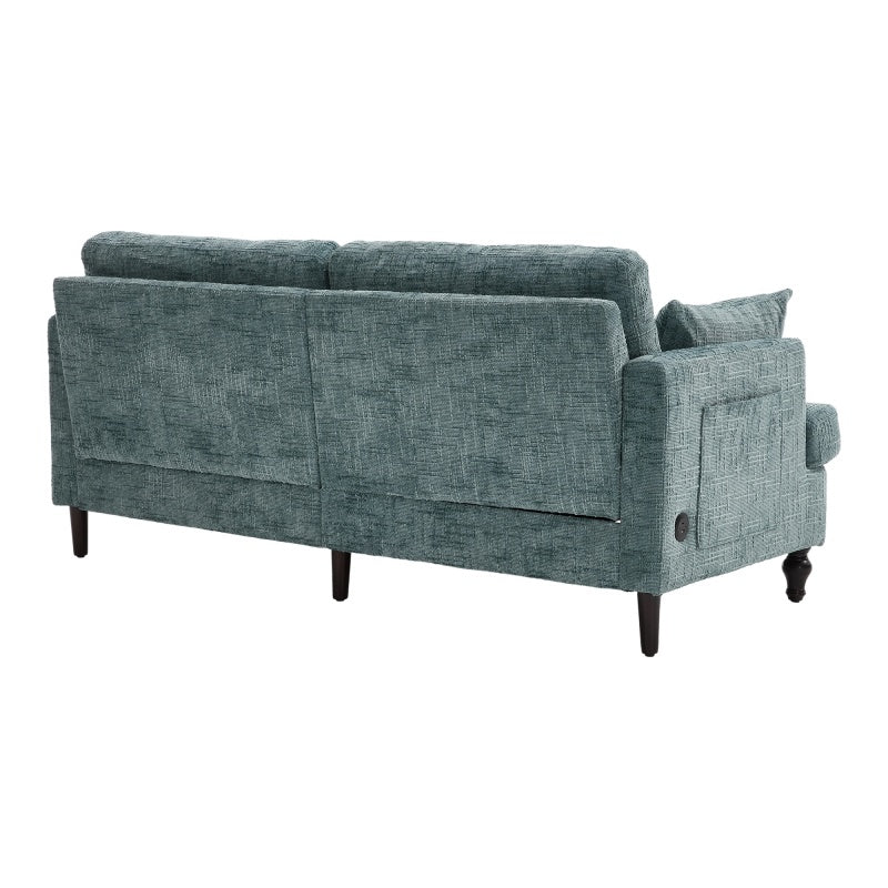 Modern Style Chenille 2-Seater Wood-Legged Sofa with LED Light, USB Charging Port and Storage Bag in Lake Blue-海智集-Default-