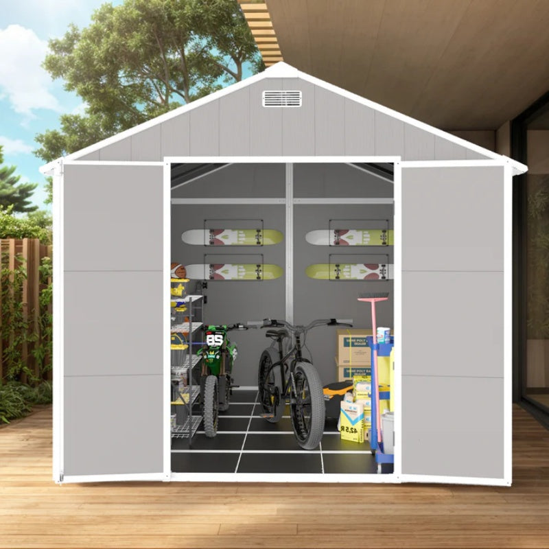 Campcraft 8*10ft resin storage shed, high quality pp material, strong structure, waterproof, rust and UV proof, large storage space, 12mm thick pp board, HD window lighting-海智集-Default-