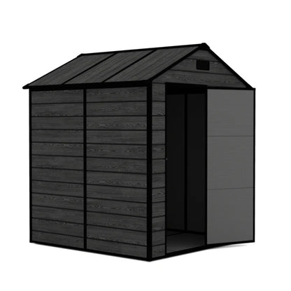 Campcraft 6*6ft resin storage shed, high quality pp material, strong structure, waterproof, rust and UV proof, large storage space, 12mm thick pp board, HD window lighting Black wood grain color-海智集-Default-