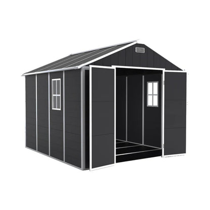 Campcraft 8*8ft resin storage shed, high quality pp material, strong structure, waterproof, rust and UV proof, large storage space, 12mm thick pp board, HD window lighting Dark gray-海智集-Default-