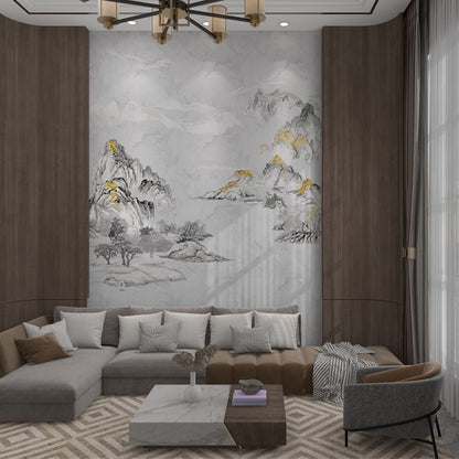 High - End Embroidery Decorative Painting - Suzhou Embroidery with Silk Full - Embroidery Craftsmanship | Commercial Space Soft Decoration Wall Hanging | Bulk Purchases Available with Customizable Patterns and Sizes.Green Peaks Gilded in Gold - 海智集