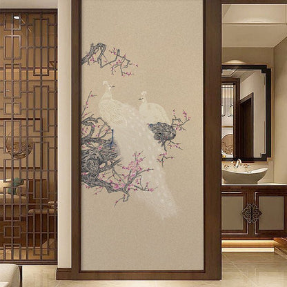 High - End Embroidery Decorative Painting - Suzhou Embroidery with Silk Full - Embroidery Craftsmanship | Commercial Space Soft Decoration Wall Hanging | Bulk Purchases Available with Customizable Patterns and Sizes.White - Plumed Peacock - 海智集