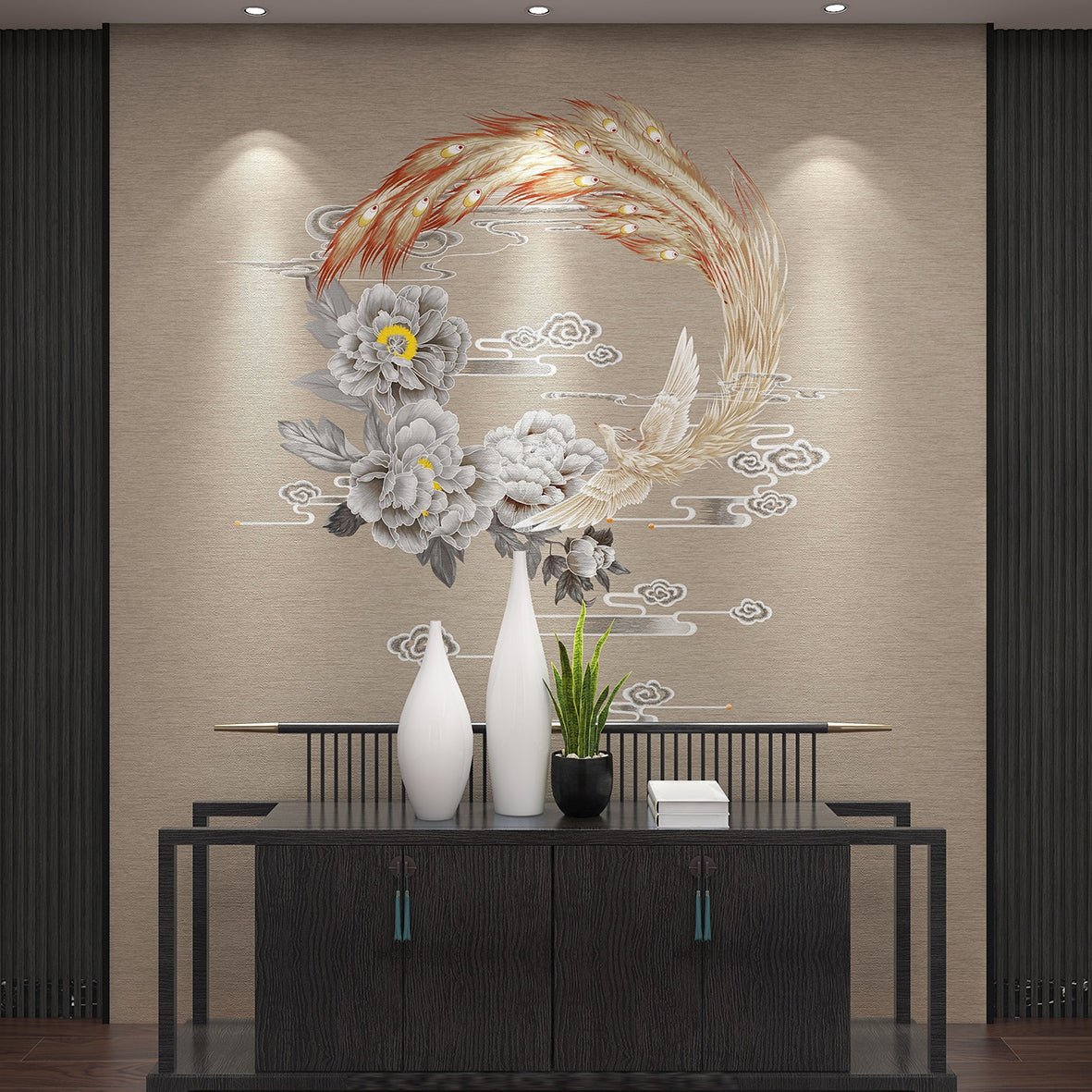 High - End Embroidery Decorative Painting - Suzhou Embroidery with Silk Full - Embroidery Craftsmanship | Commercial Space Soft Decoration Wall Hanging | Bulk Purchases Available with Customizable Patterns and Sizes.Phoenix Grace and Peony - 海智集