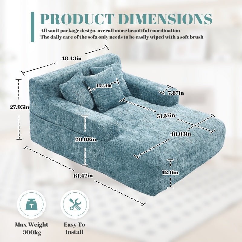 Mint Blue Chenille Interior Lazy Sofa Chaise Lounge Armchair with Three Pillows and Armrests - 海智集