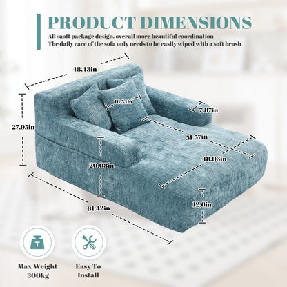 Mint Blue Chenille Interior Lazy Sofa Chaise Lounge Armchair with Three Pillows and Armrests - 海智集