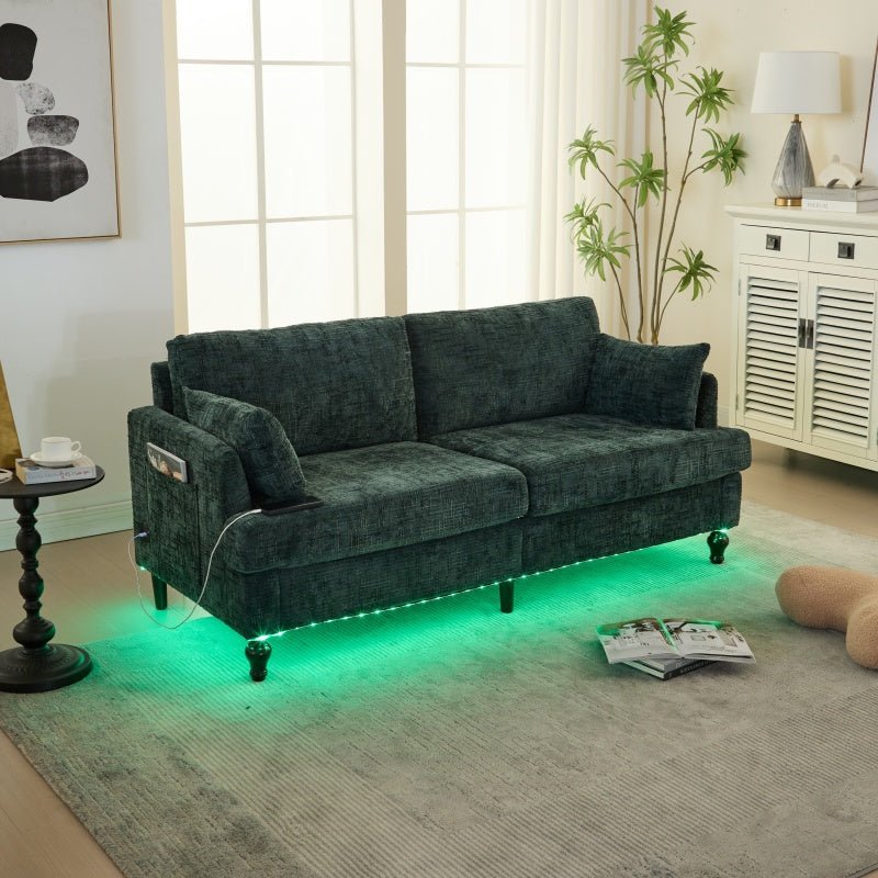 Modern Chenille 2 - Seater Sofa with LED Light, USB Charging Port, and Storage Bag in Emerald - 海智集