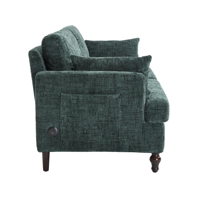Modern Chenille 2 - Seater Sofa with LED Light, USB Charging Port, and Storage Bag in Emerald - 海智集