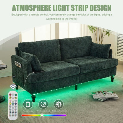 Modern Chenille 2 - Seater Sofa with LED Light, USB Charging Port, and Storage Bag in Emerald - 海智集