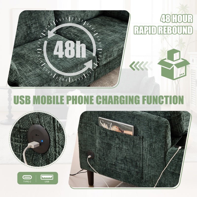 Modern Chenille 2 - Seater Sofa with LED Light, USB Charging Port, and Storage Bag in Emerald - 海智集