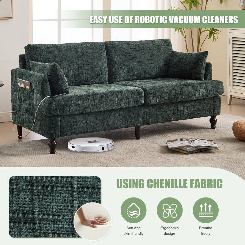 Modern Chenille 2 - Seater Sofa with LED Light, USB Charging Port, and Storage Bag in Emerald - 海智集