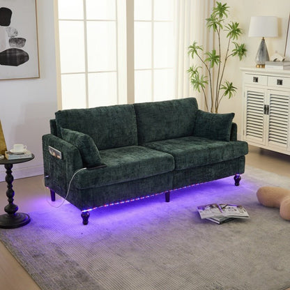 Modern Chenille 2-Seater Sofa with LED Light, USB Charging Port, and Storage Bag in Emerald-海智集-Default-