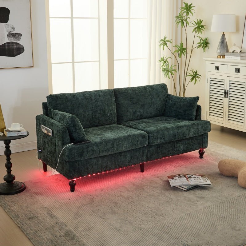 Modern Chenille 2 - Seater Sofa with LED Light, USB Charging Port, and Storage Bag in Emerald - 海智集