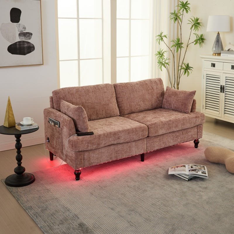Modern Chenille 2 - Seater Sofa with LED Light, USB Port, and Storage Bag in Pink - 海智集