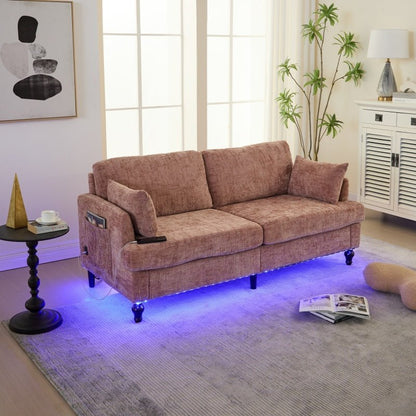 Modern Chenille 2-Seater Sofa with LED Light, USB Port, and Storage Bag in Pink-海智集-Default-
