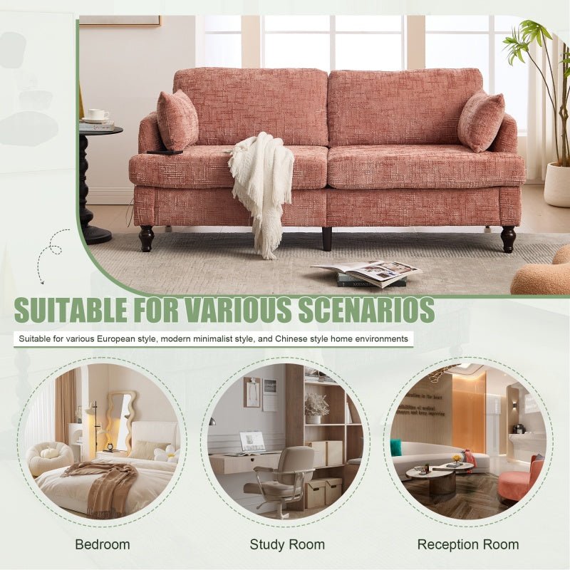 Modern Chenille 2 - Seater Sofa with LED Light, USB Port, and Storage Bag in Pink - 海智集