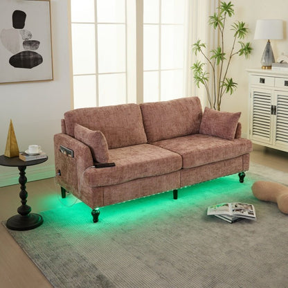 Modern Chenille 2 - Seater Sofa with LED Light, USB Port, and Storage Bag in Pink - 海智集
