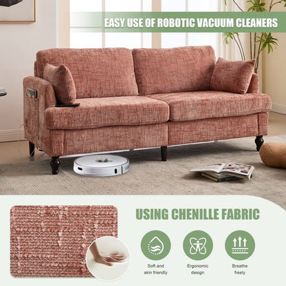 Modern Chenille 2-Seater Sofa with LED Light, USB Port, and Storage Bag in Pink-海智集-Default-