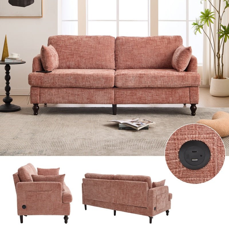 Modern Chenille 2 - Seater Sofa with LED Light, USB Port, and Storage Bag in Pink - 海智集