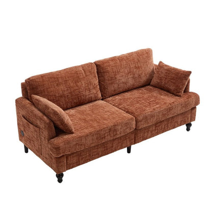 Modern Style Chenille 2-Seater Sofa with LED Light, USB Charging Port & Storage Bag in Orange-海智集-Default-