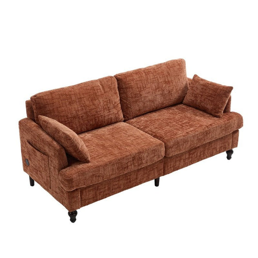 Modern Style Chenille 2-Seater Sofa with LED Light, USB Charging Port & Storage Bag in Orange-海智集-Default-