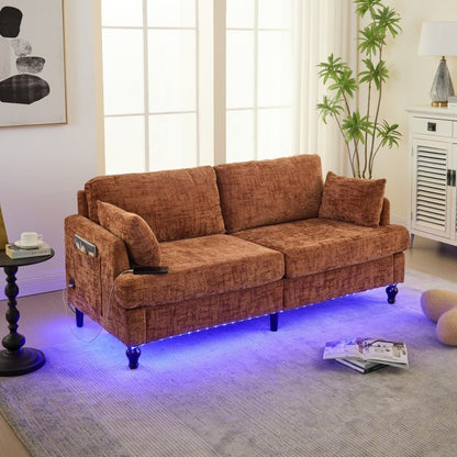Modern Style Chenille 2 - Seater Sofa with LED Light, USB Charging Port & Storage Bag in Orange - 海智集