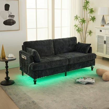 Modern Style Chenille 2-Seater Sofa with LED Light, USB Port and Storage Bag in Black-海智集-Default-