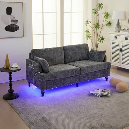 Modern Style Chenille 2-Seater Sofa with LED Light, USB Port, and Storage Bag in Gray-海智集-Default-
