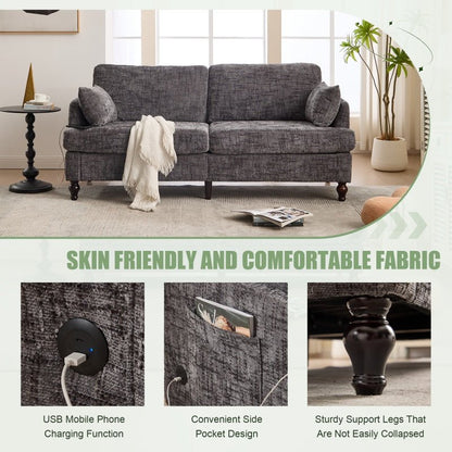 Modern Style Chenille 2-Seater Sofa with LED Light, USB Port, and Storage Bag in Gray-海智集-Default-