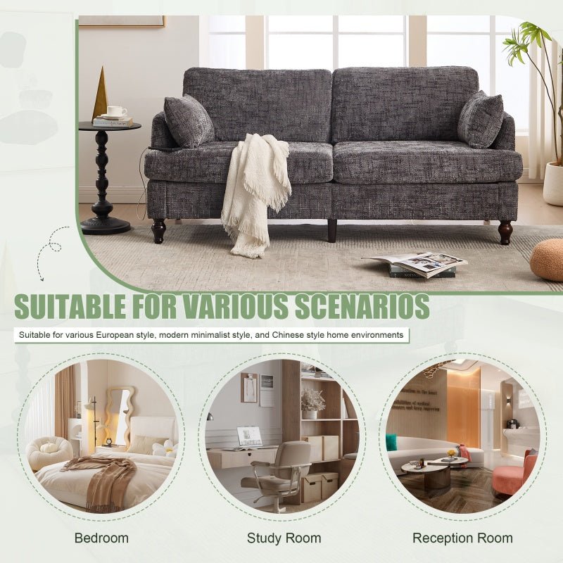 Modern Style Chenille 2 - Seater Sofa with LED Light, USB Port, and Storage Bag in Gray - 海智集