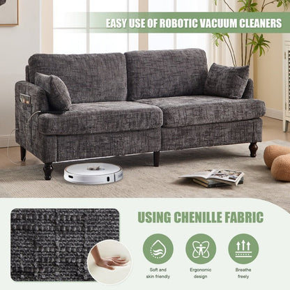Modern Style Chenille 2-Seater Sofa with LED Light, USB Port, and Storage Bag in Gray-海智集-Default-