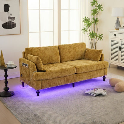 Modern Style Chenille 2-Seater Sofa with LED Light, USB Port & Storage Bag, Mustard Yellow, Rubber Wood Legs-海智集-Default-