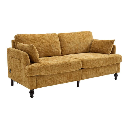 Modern Style Chenille 2-Seater Sofa with LED Light, USB Port & Storage Bag, Mustard Yellow, Rubber Wood Legs-海智集-Default-