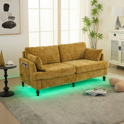 Modern Style Chenille 2-Seater Sofa with LED Light, USB Port & Storage Bag, Mustard Yellow, Rubber Wood Legs-海智集-Default-