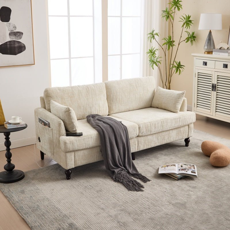 Modern Style Chenille 2 - Seater Sofa with LED Light, USB Port, Storage Bag, Wood Legs - 海智集