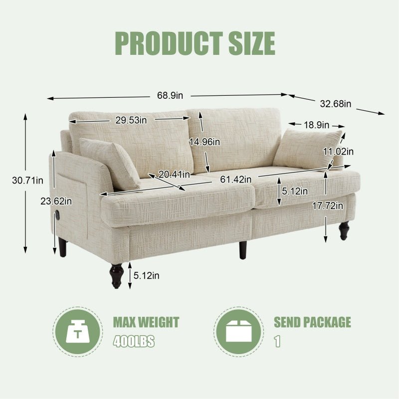 Modern Style Chenille 2 - Seater Sofa with LED Light, USB Port, Storage Bag, Wood Legs - 海智集