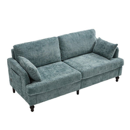 Modern Style Chenille 2-Seater Wood-Legged Sofa with LED Light, USB Charging Port and Storage Bag in Lake Blue-海智集-Default-