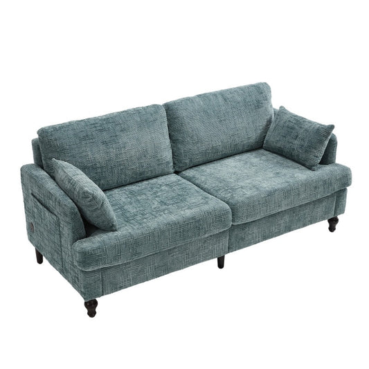 Modern Style Chenille 2-Seater Wood-Legged Sofa with LED Light, USB Charging Port and Storage Bag in Lake Blue-海智集-Default-