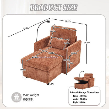 Multifunctional Chenille Recliner Sofa with Storage and Phone Bracket for Living Room or Bedroom in Orange-海智集-Default-