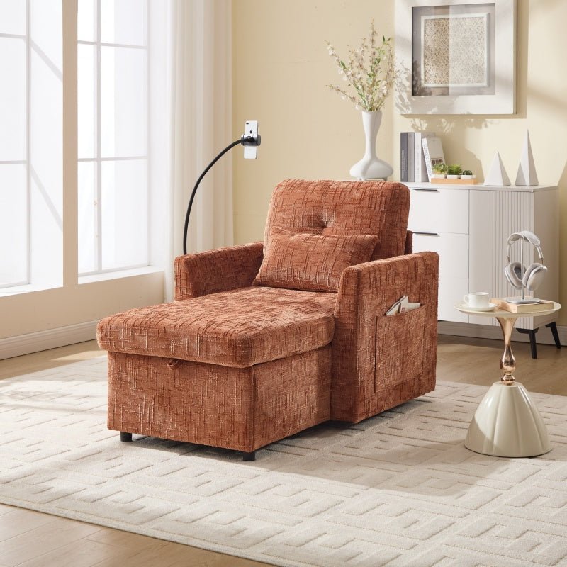 Multifunctional Chenille Recliner Sofa with Storage and Phone Bracket for Living Room or Bedroom in Orange - 海智集