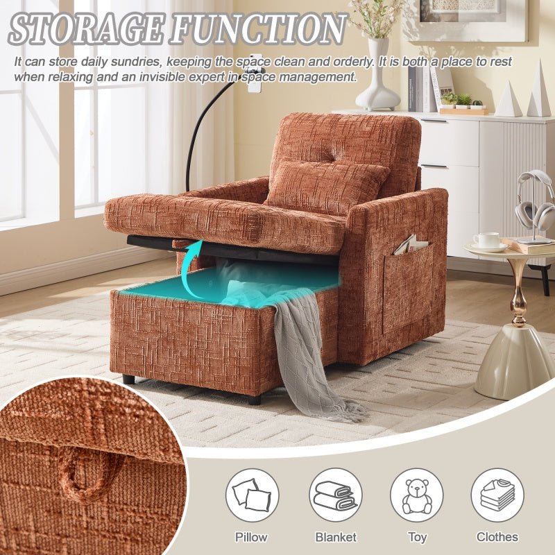 Multifunctional Chenille Recliner Sofa with Storage and Phone Bracket for Living Room or Bedroom in Orange - 海智集