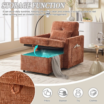 Multifunctional Chenille Recliner Sofa with Storage and Phone Bracket for Living Room or Bedroom in Orange - 海智集