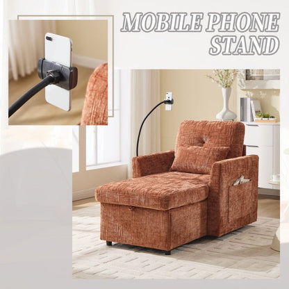 Multifunctional Chenille Recliner Sofa with Storage and Phone Bracket for Living Room or Bedroom in Orange - 海智集