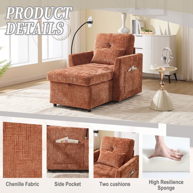 Multifunctional Chenille Recliner Sofa with Storage and Phone Bracket for Living Room or Bedroom in Orange - 海智集